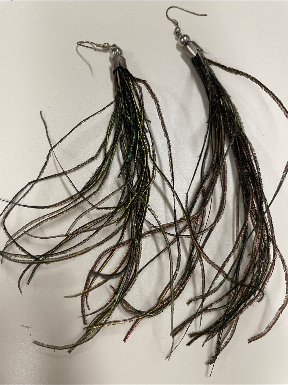 Boho peacock feather Metallic Green Multi-Strand Tassel Earrings